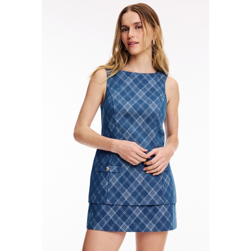 Amanda Uprichard Maven Romper Blue Argyle Plaid Denim Mini Skort Dress Sz Small